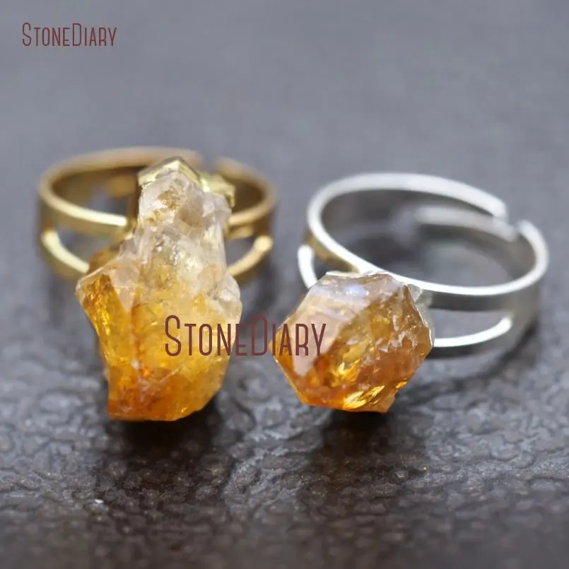 

10Pcs Pure Gold Color, Sliver Plated Irregular Surface Free Form Ring Citrines Raw Ore Ring Adjustable RM8926