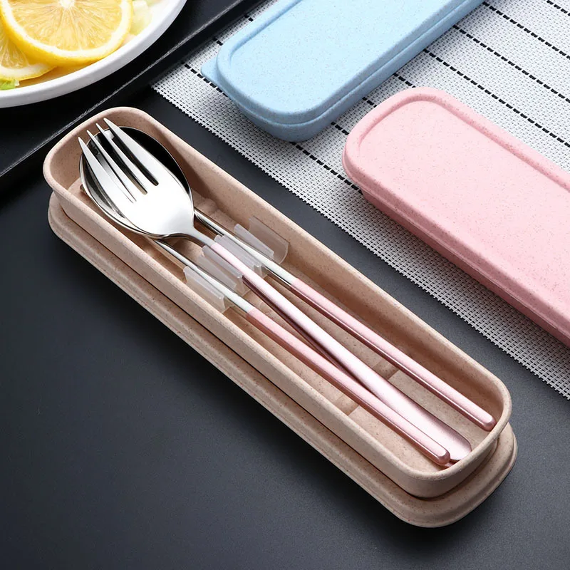 

304 stainless steel cutlery portable set wheat straw chopsticks spoon fork cutlery set