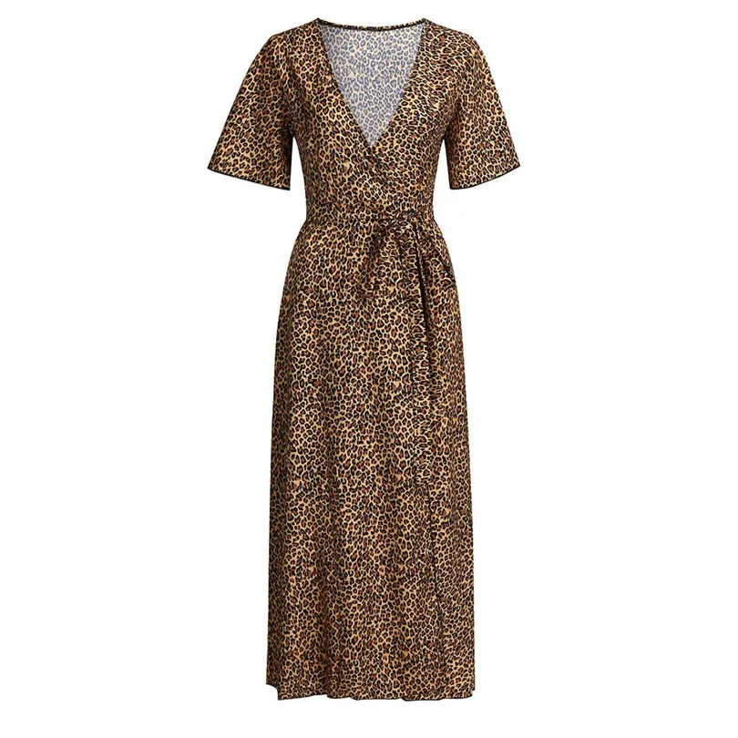 New Women Leopard Bohemian Long Dress 2019 Summer Sexy Deep V-neck Short Sleeve Long Maxi Party Beach Dress #E10 (2)