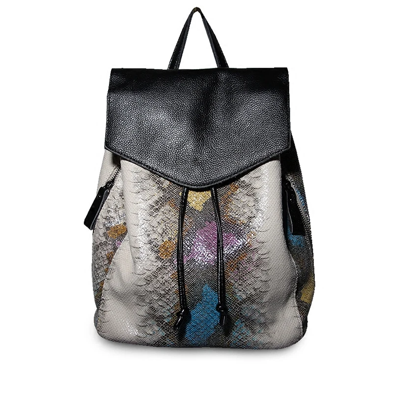 Fashion high quality Women backpack high quality artificial leather school bags female serpentine prints drawstring backpacks