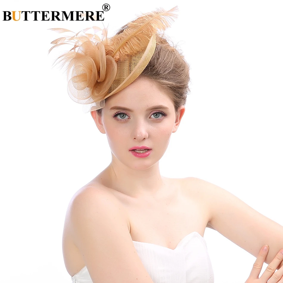 

BUTTERMERE Fedoras Hats Women Coffee Cotton Ladies Church Hats Ostrich Feather Wedding Elegant Female Designer Autumn Jazz Cap