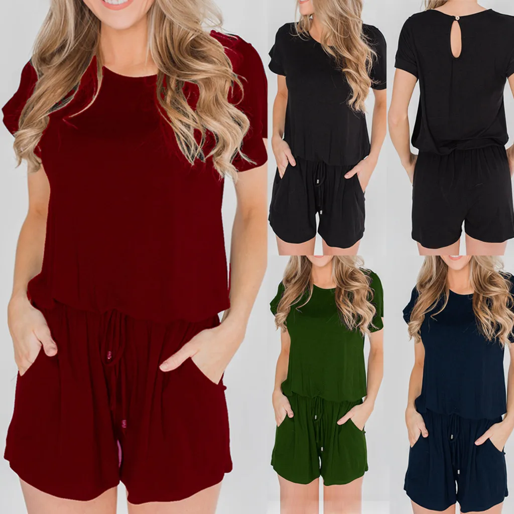 Для женщин летние шорты рукавом Повседневное Playsuit Soilid Цвет О Шея Свободные Ladeis джинсовый комбинезон Бандаж с высокой талией Femme комбинезон