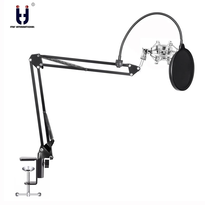  Ituf Microphone Suspension Boom Scissor Arm Stand with Mic Clip Holder & Table Mounting Clamp Kit f