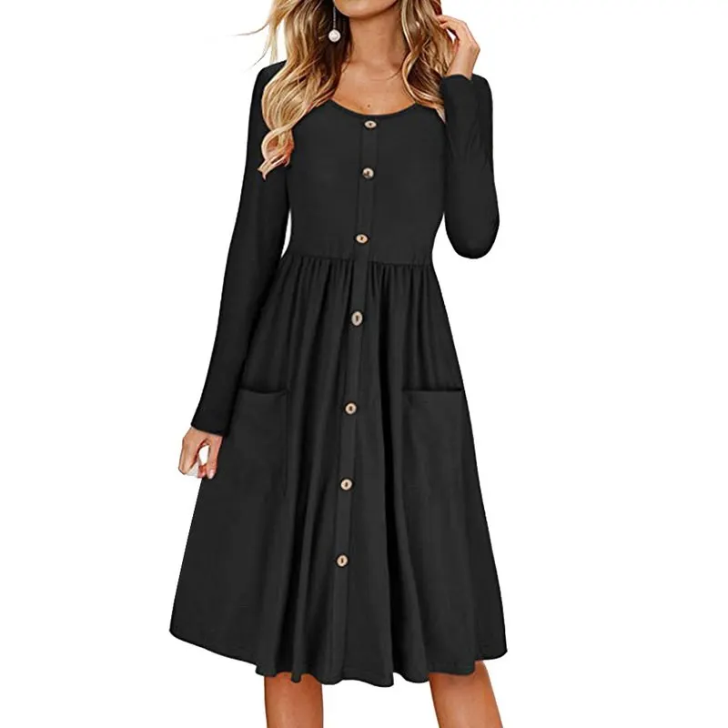 Buy 2018 Pockets Button Dress Women Autumn Long Sleeve