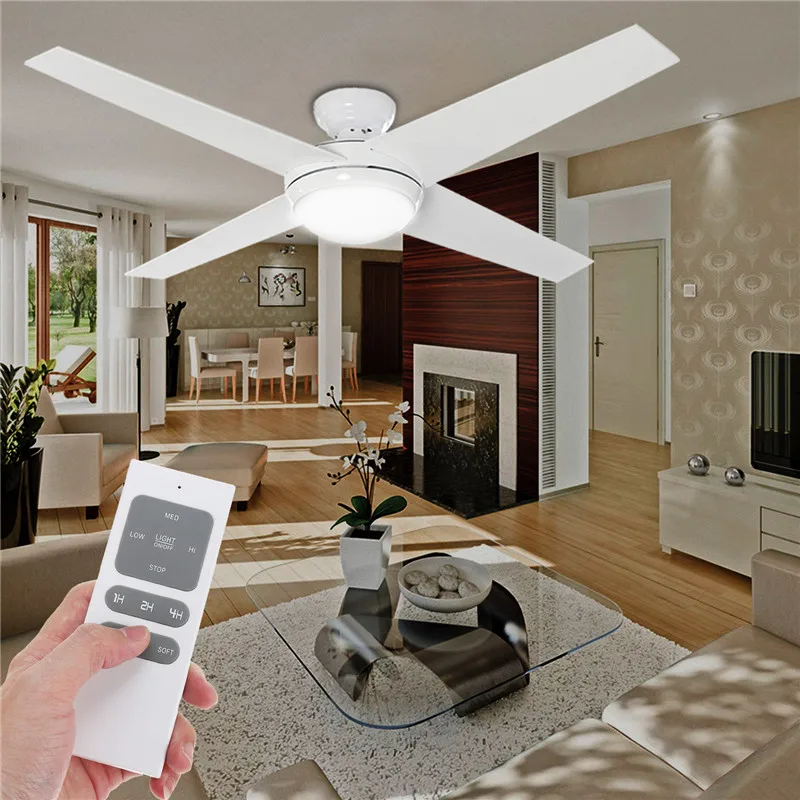 

60W AC220V Ceiling Fan Light 4 Blade Wooden White Fan Indoor Light With Remote Control Aluminum Shell
