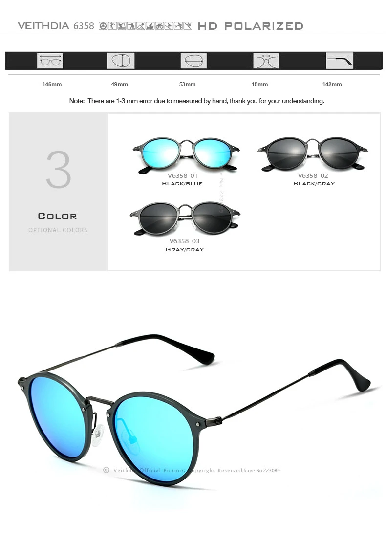 Новинка, брендовые дизайнерские модные солнцезащитные очки VEITHDIA, поляризованные зеркальные солнцезащитные очки, круглые мужские очки для мужчин/женщин 6358