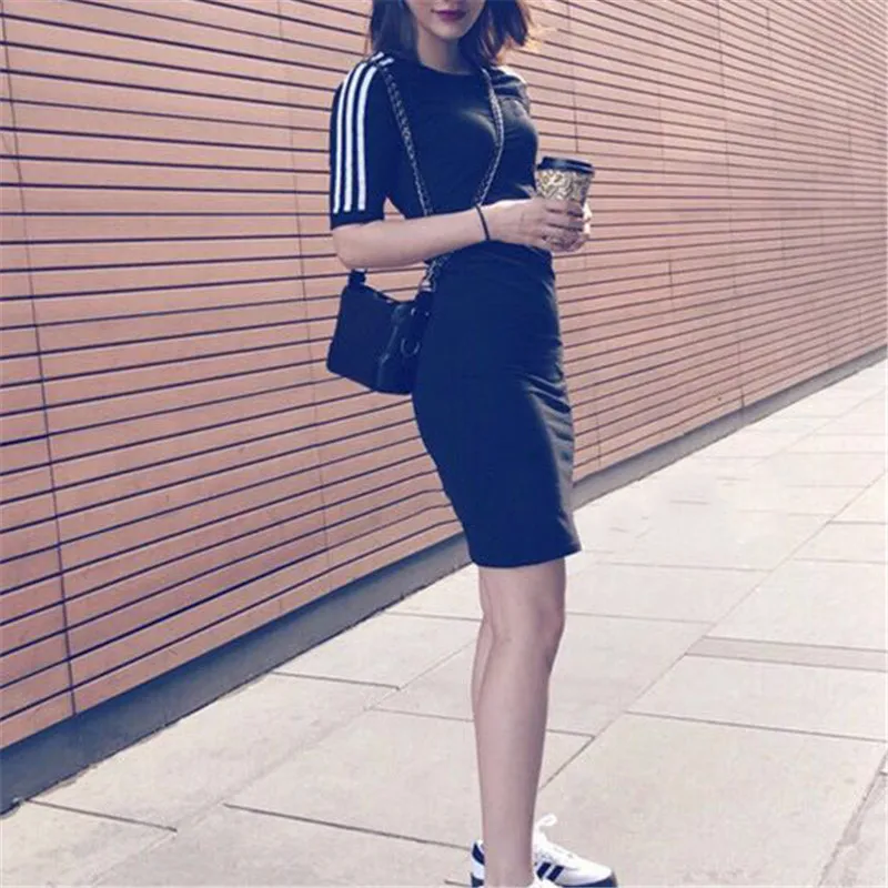

Women Dress Summer Sexy Club Fitness Short Sleeve Striped Designer Black Navy Blue Fashion Dresses