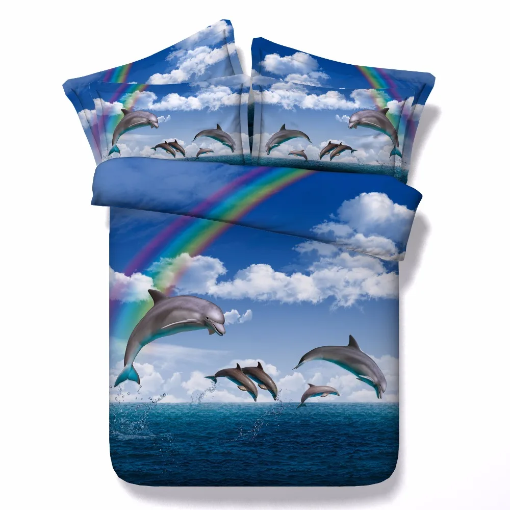

3D Ocean Beach Bedding Set Rainbow Dolphin Sunset Bedding Collection Bed Duvet Cover Bed Linen Sheets Set High Quality 4PCS