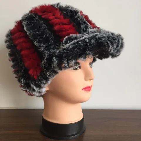 Женские вязаные шапки с козырьком из кроличьего меха, женские зимние теплые шапки, модная Натуральная меховая заколка,, AH404 - Цвет: grey red