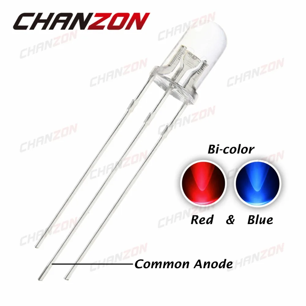 

100pcs 5mm Bicolor Red Blue Diode Light Common Anode Two Color LED Lamp Light Round Top 5 mm Transparent Light-Emitting Diode