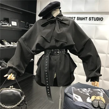 

Sping Women Bow Tie Collar Loose Lantern Sleeve Belt Thin Slim Medium Long Temperament Plus Size Blouse