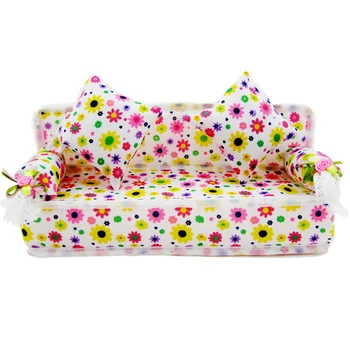 

Free Shipping Cute Furniture Dollhouse Furniture Flower Cloth Sofa Couch with 2 Cushions for Barbie Doll DIY Accessories Toy