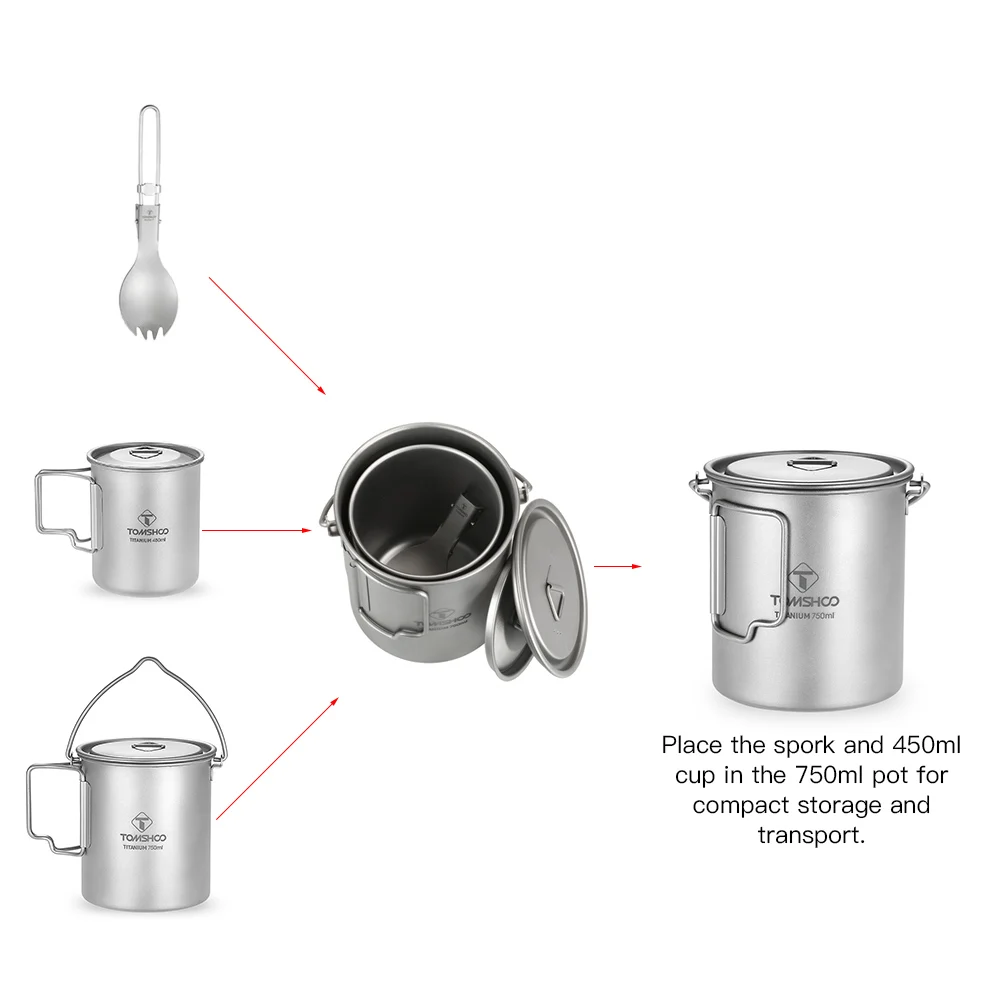 TOMSHOO 3 Pieces Set 750ml Titanium Pot 450ml Kamp Titanium Mug Outdoor Camping Water Cup Folding Spork Kamp Camping Equipment