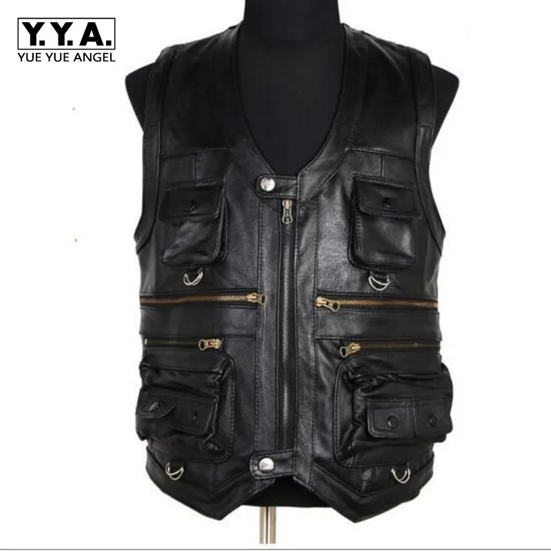 New Arrival Autumn Men's Waistcoat Genuine Leather Vests Reporters Suit Multi Pocket Men Cow