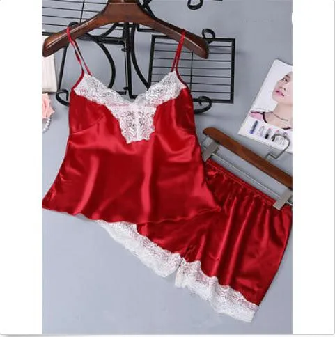 

Women's Satin Silk Lace Pajamas Sets New Sexy Soild Color Sleepwear Ladies' Fashion Summer Sleeveless Strappy Nightwear Hot Sale