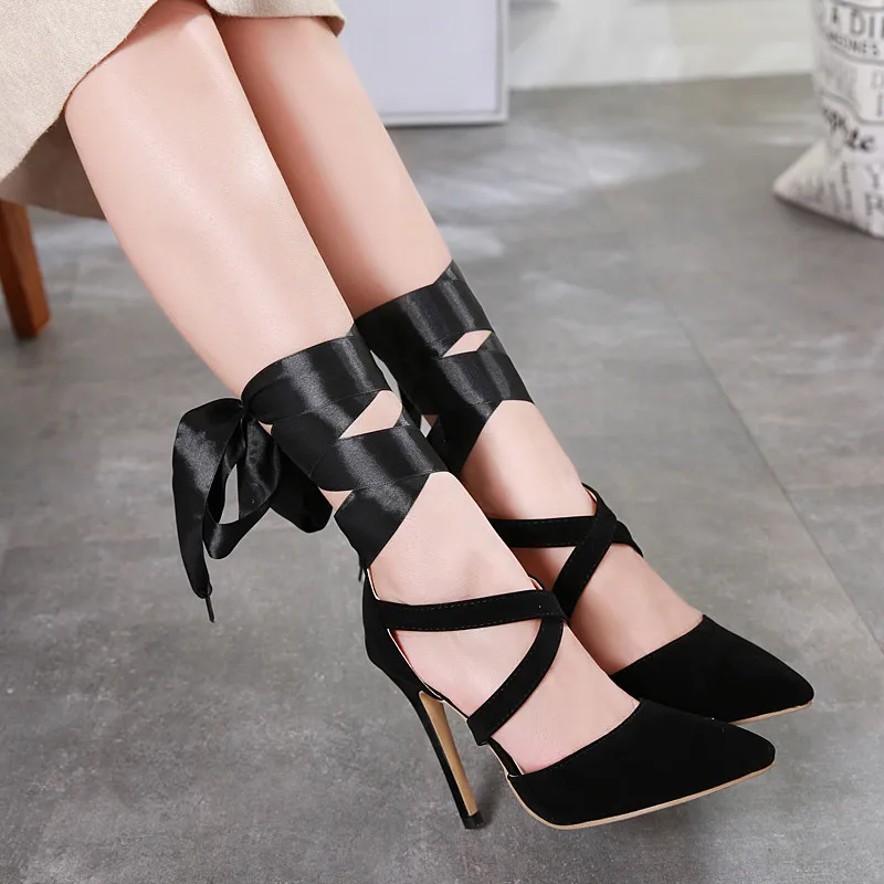 

2019 Women Summer 12cm High Heels Lace Up Open-Toe Heels Valentine Sandals Strap Stiletto Heels Wing Heels Pumps Shoes