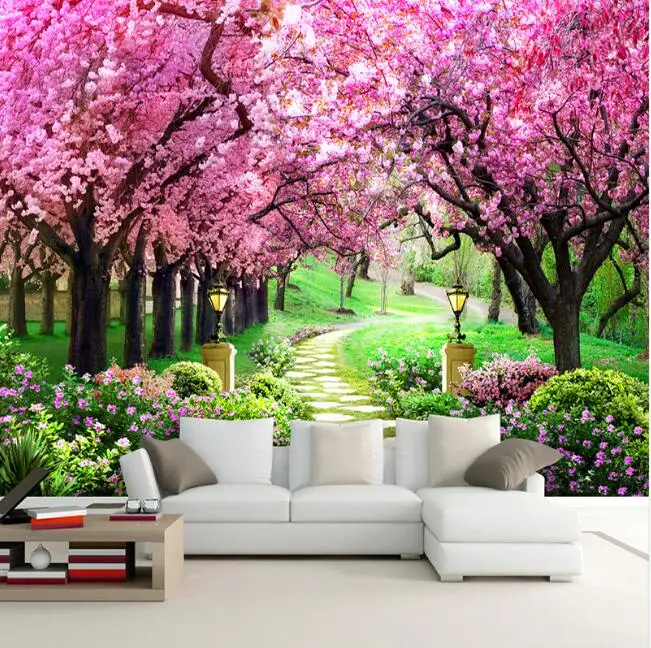 Custom 3D Photo Wallpaper Flower Romantic Cherry Blossom Tree Small Road Wall Mural Wallpapers For Living Room Bedroom De Parede Custom 3D Photo Wallpaper Flower Romantic Cherry Blossom Tree Small Road Wall Mural Wallpapers For Living Room Bedroom De Parede
