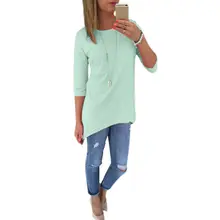 Las mujeres 3/4 de Manga Larga Tops Blusa Camisa de Las Señoras de la Playa N Cuello BOHO Vestido Sólido