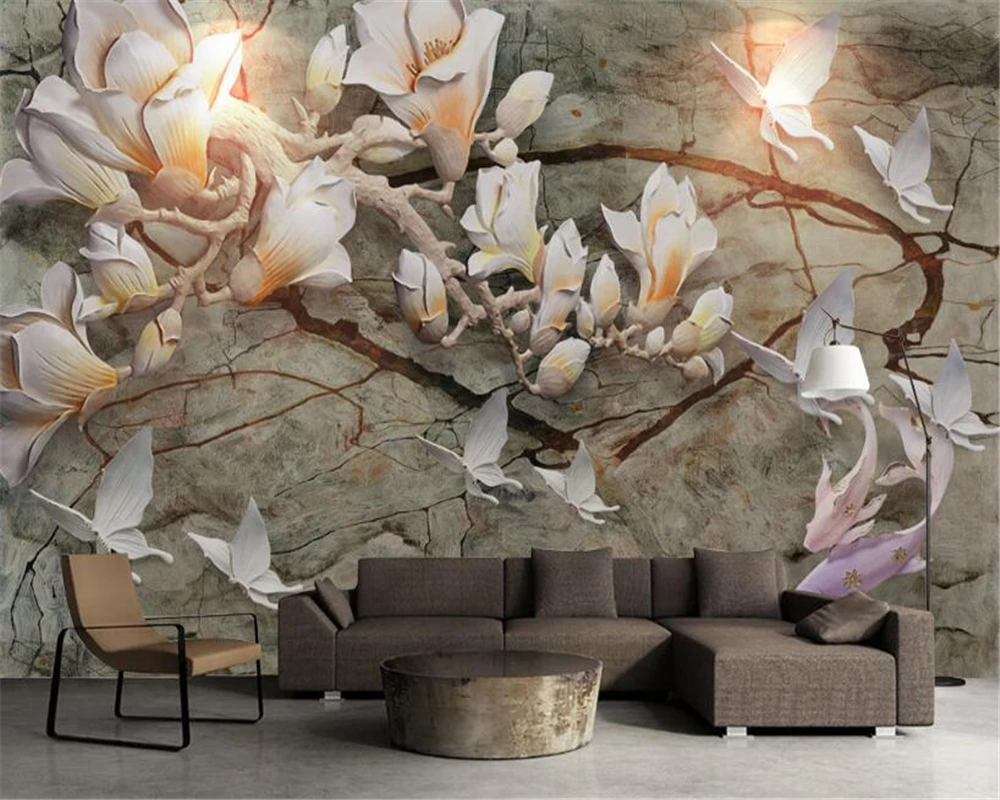 

Beibehang 3D Wallpaper Stereo Relief Stone Carving Magnolia Living Room Bedroom TV Background Mural wallpaper for walls 3 d