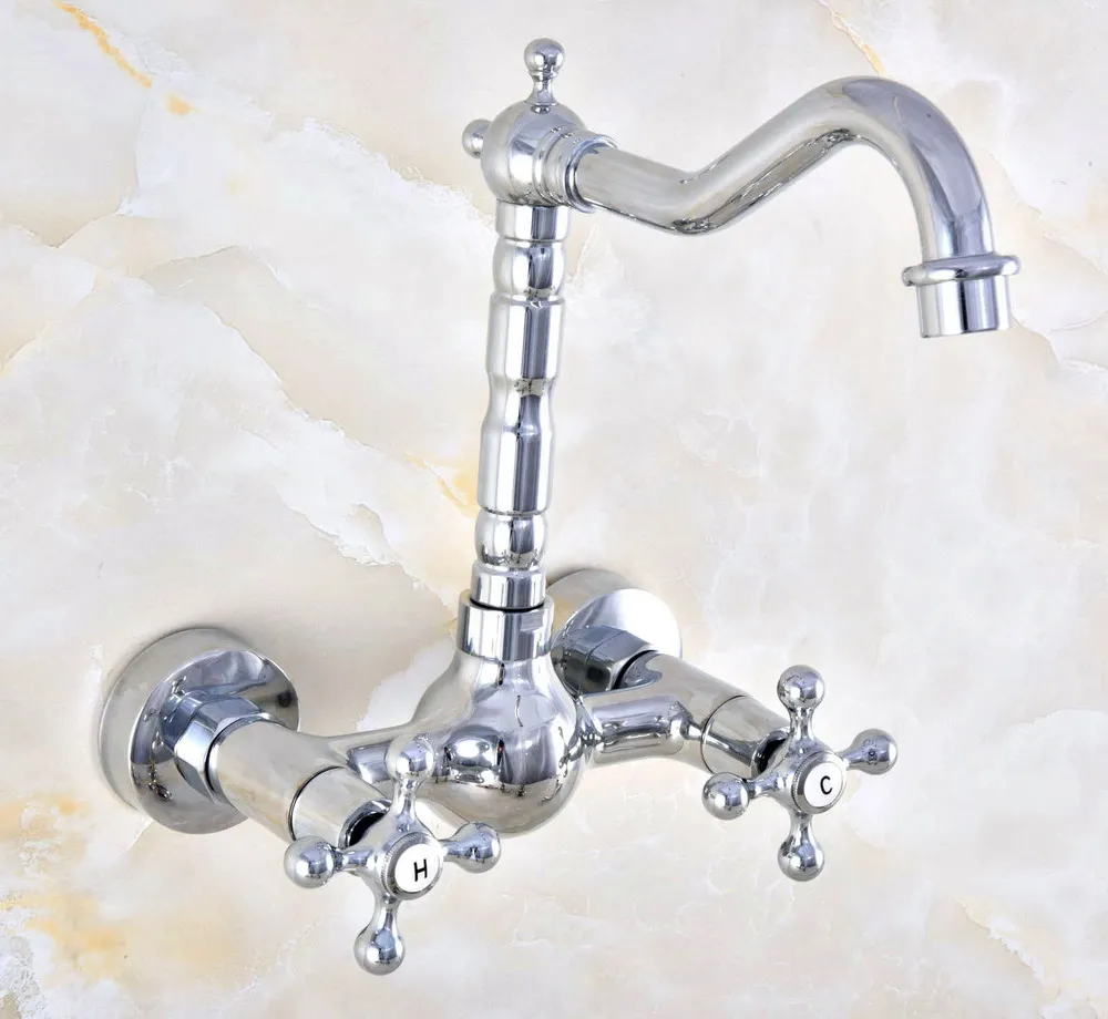Polished Chrome Brass Wall Mount Bathroom Basin Kitchen Sink Faucet Swivel Spout Mixer Tap Dual Cross Handles Levers anf576