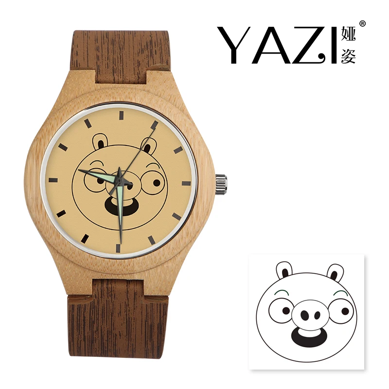 

YAZI DIY Wooden Watch lovely Pig Lucky Logo Quartz Watch Natural Bamboo Wood Case Wrist Watches Wood Stripe Band Gift For Friend