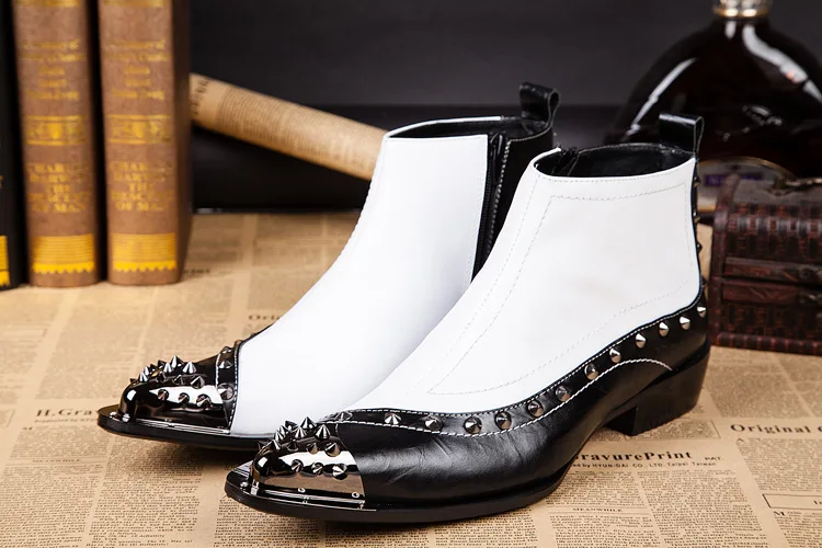 

Rivets Pointed Mixed Colors White Black Mens Ankle Boots Increased Height High-top Man Leather Boots