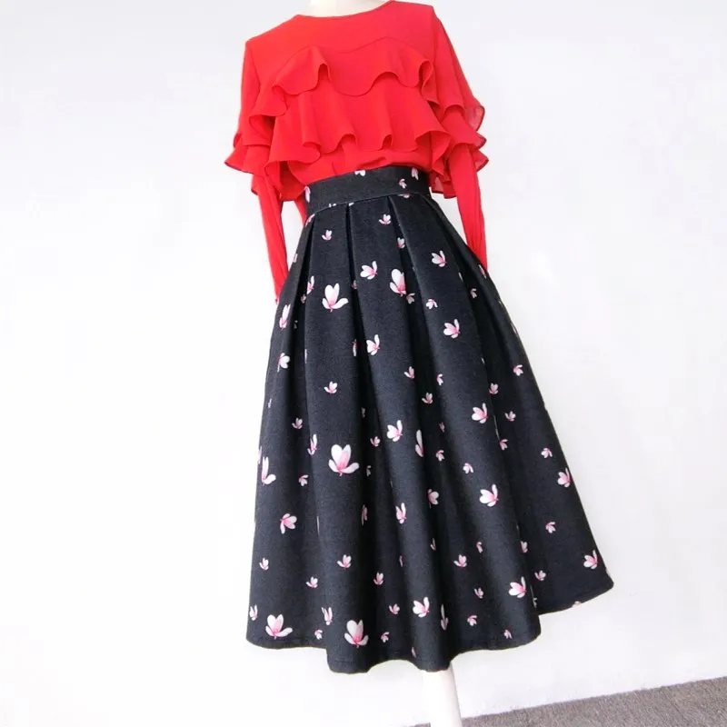 

Women Autumn Winter Elegant Thick Printing Woolen Floral A-line Skirt XHSD-3191