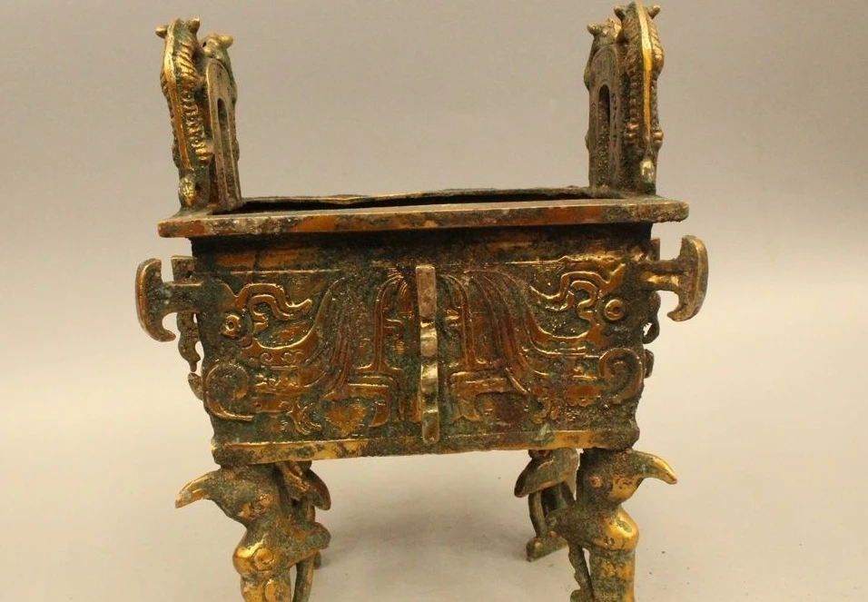 

8" Ancient Chinese Dynasty Bronze Gild 4 Foot Square Dragon Ding Incense Burner