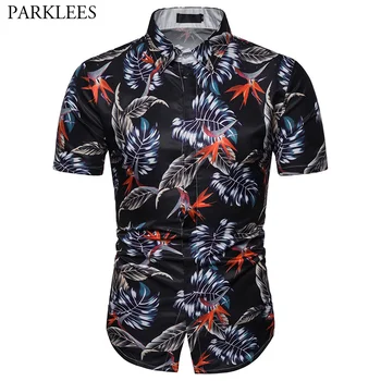 

Summer Stylish Leaves Print Slim Fit Hawaiian Shirt 2019 Brand Short Sleeve Button Down Casual Shirts Male Beach Aloha Shirt 3XL