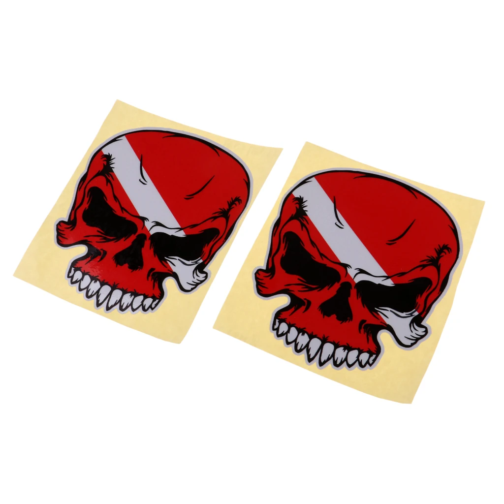 2 Pieces Reflective Scuba Diving Diver Kayak Sticker Decal Red Skull Reflective Waterproof Self Adhesive