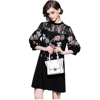 

HAMALIEL Women Loose Dress Autumn Black Patchwork Lace Hollow Out Lantern Sleeve Dress Casual Flowers Embroidery Plus Size Dress