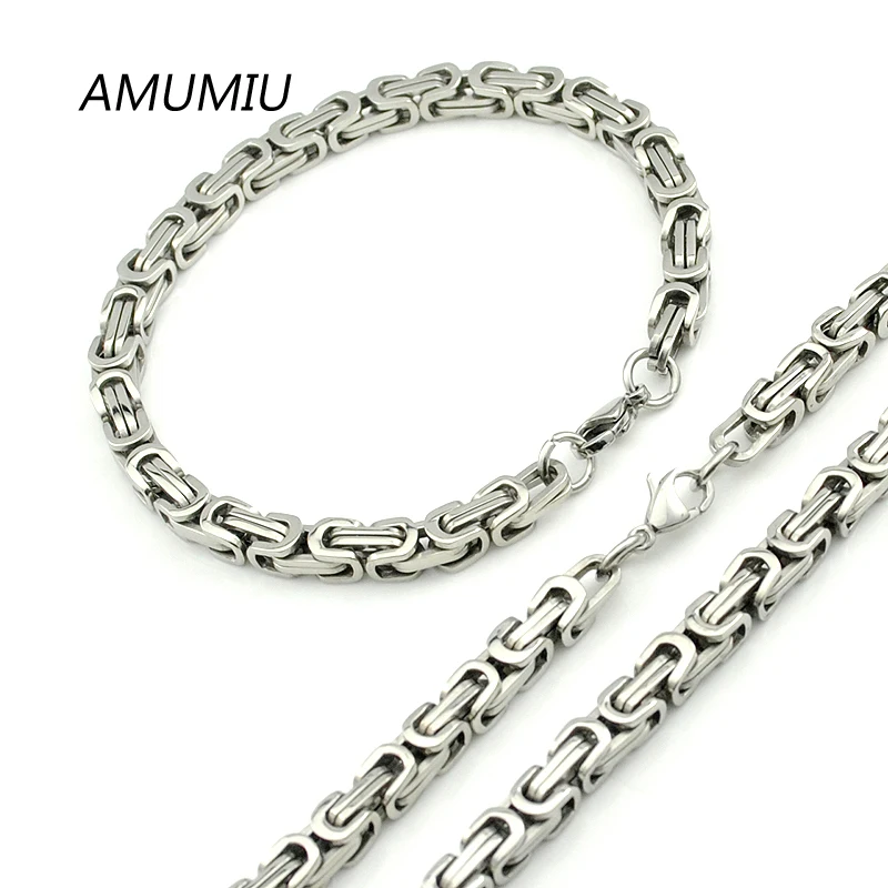 

AMUMIU High Polished 316L Stainless Steel Necklace Bracelet Sets Link Chain Bikers Punk Hit Hop For Mens Womens Wholesale KTZ089