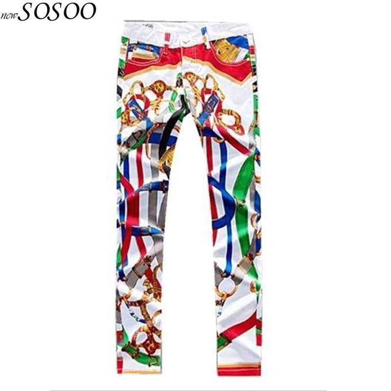 

New young men jeans pantalon hombre jean Color printed Skinny jeans design nightclubs singers slim pants L008-4