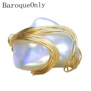 

BaroqueOnly Handmade Natural FreshWater White Pearl Big Baroque Beads Wire Wrapped Rings Fashion Woman Party RO1