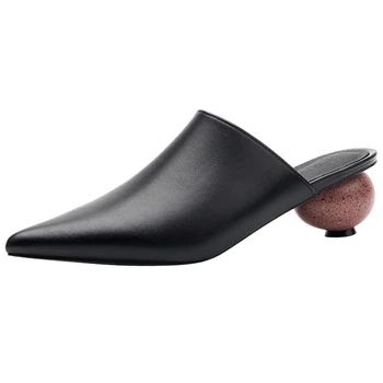 

Kmeioo New Style Spring Cow Leather Shoes Woman Pointed Toe Mules Round Heel Mule Slides Slip-On Mule Sandals Classics Shoes