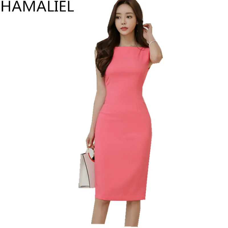 

HAMALIEL Brief Summer Women Work Bodycon Dress 2018 Korean Style Sheath Sleeveless Pencil Dress Formal Slim Office OL Dress