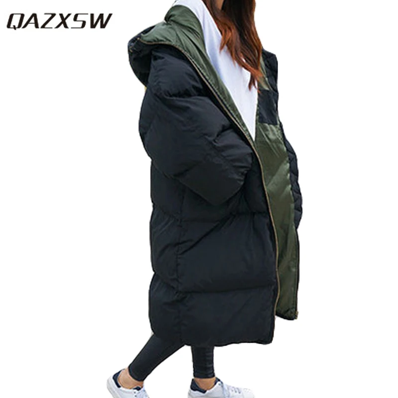 QAZXSW 2017 New Korean Cotton Coat Women Long Parkas Plus Size Ladies Warm Padded Jacket Loose Thick Winter Jacket Hooded HB254