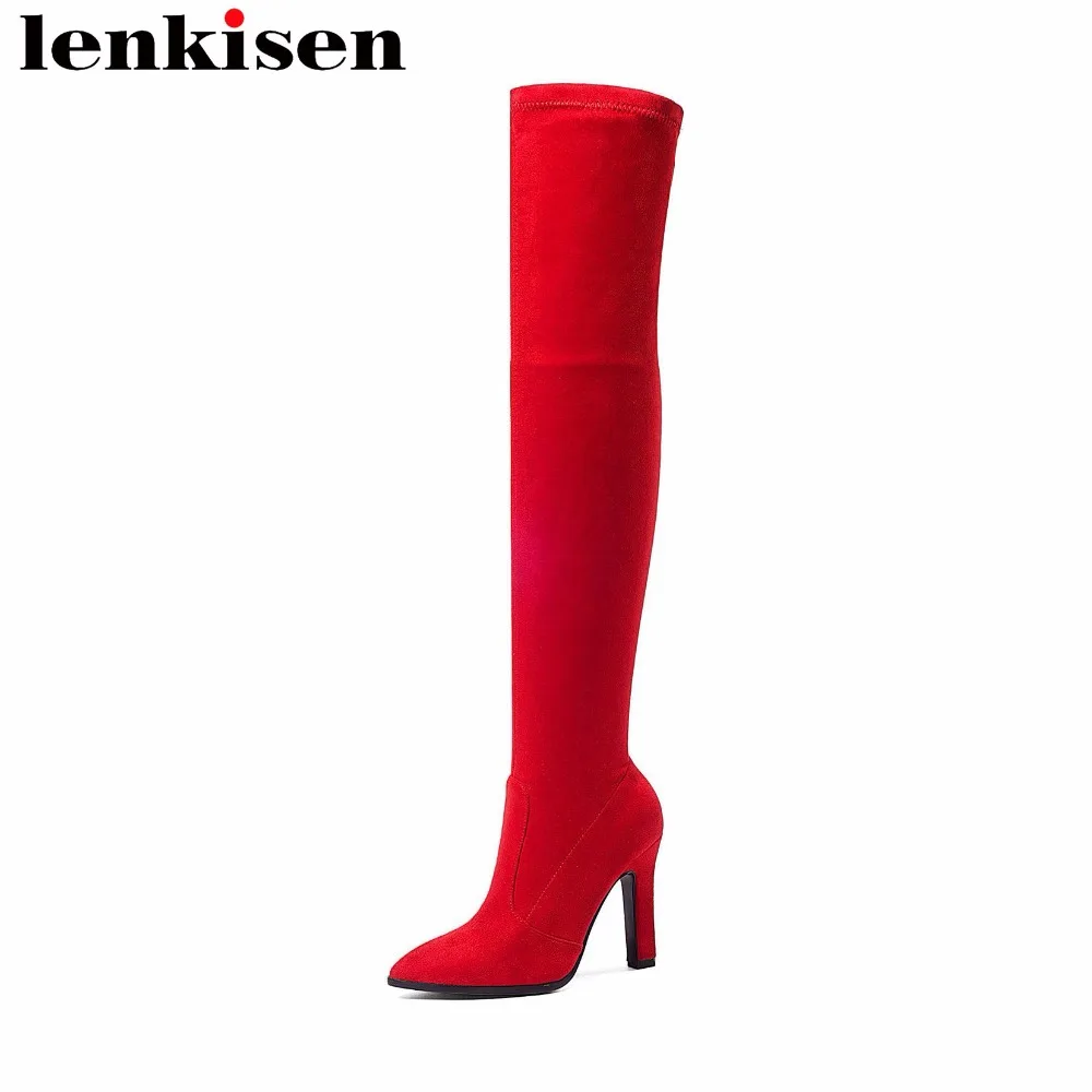 

Lenkisen original design thigh high boots pointed toe super high heels big size slip on flock luxury sexy women casual shoes L19