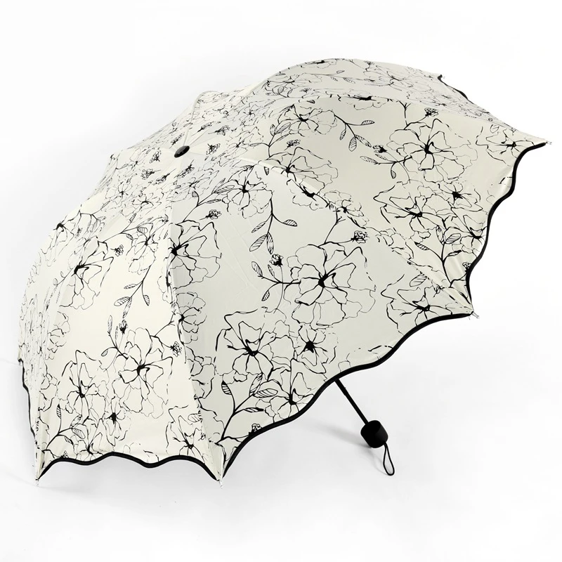 Складной зонт с рисунком гибискуса для женщин и мужчин, белый карманный дождливый зонтик с защитой от УФ-лучей, водонепроницаемые переносные зонты с черным покрытием - Цвет: Черный