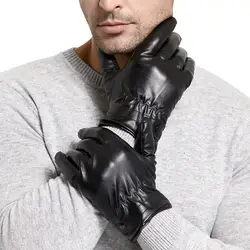 Модные мужские осенние зимние пу перчатки плюс бархатные толстые черные сенсорный экран кожаные ветрозащитные полный палец теплые