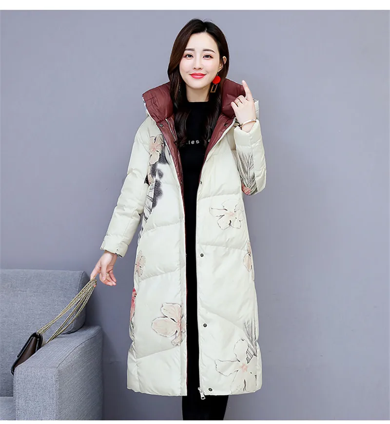 Winter Long Jacket Coat Women Parkas Thicken Warm Vintage Print Down Cotton Jacket Large Size Hooded Outerwear Female Basic Coat