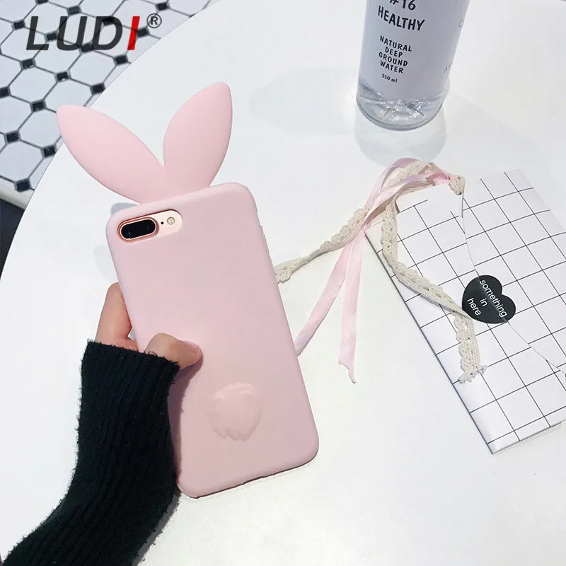 Чехол LUDI 3D с милыми заячьими ушками для iPhone X, 8, 7 plus, мягкий силиконовый чехол для iPhone 6, 6 S, 6 S plus, 5, 5S, SE, милый розовый и черный чехол для девочек