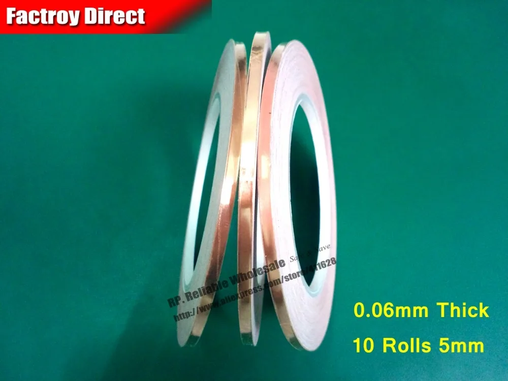 

10 Roll 5mm*30M*0.06mm Self-Adhesive Copper Foil Tape for Magnetic Radiation /Electromagnetic Wave EMI Shielding Masking, Guitar