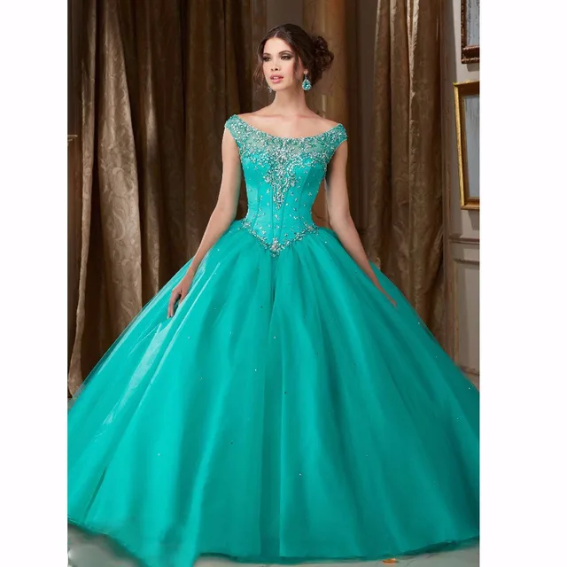 Últimas balón vestido de novia abalorios de cristal de aqua verde