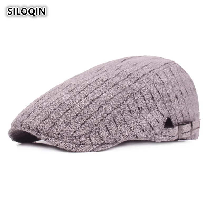 

SILOQIN Men's Cap Simple Retro 100% Cotton Berets For Men New British Style Vintage Striped Decoration Adjustable Size Male Hat