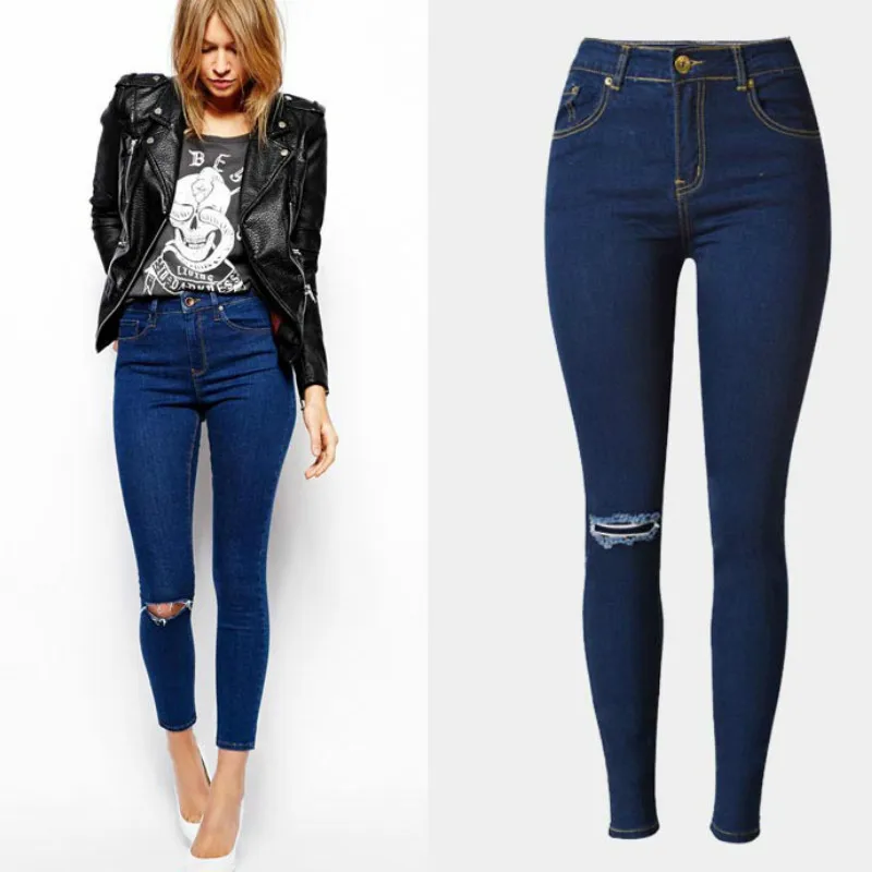 Облегающие джинсы с высокой талией, женские модные обычный карандаш, женские синие джинсы с завышенной талией, джинсы с рваными коленками для женщин - Цвет: blue
