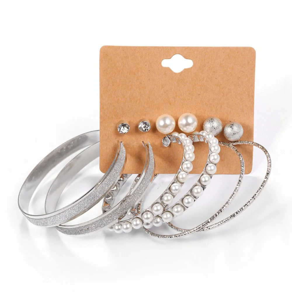 

LUBINGSHINE 6 Pairs/Set Simulated Pearl Big Circle Earring Gold Color Metal Ball Stud Earrings Sets For Woman Punk Jewelry