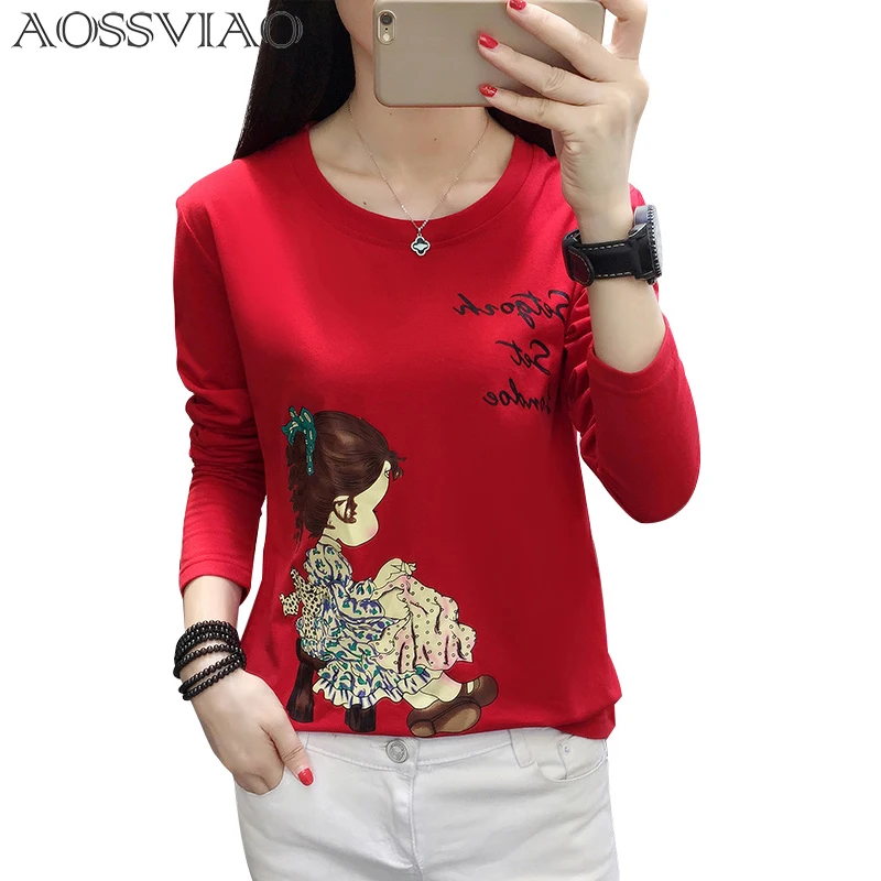Vintage Character Printed Casual Loose Basic Fashion Street Fresh Long Sleeve Female O-neck Top Casual Style Tee M-5XL Plus Size