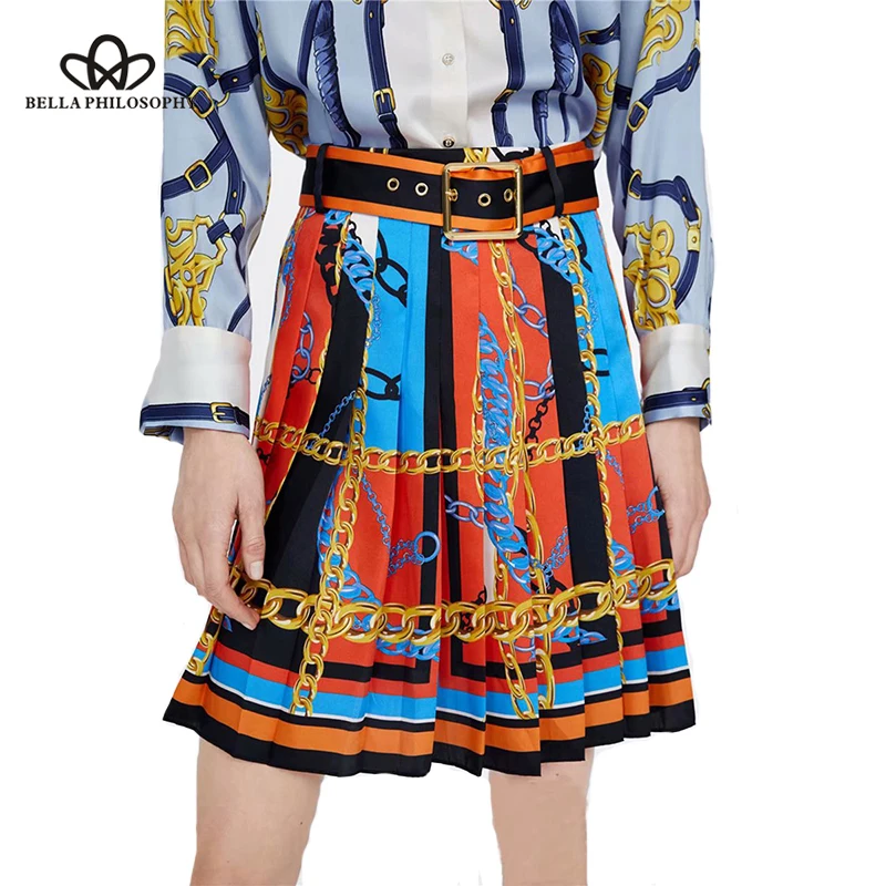 

Heydress Women autumn Chain Print Mini Skirts Vintage Sashes Female A-Line Skirts Casual Sexy Split Ladies Pleated Skirts Bottom