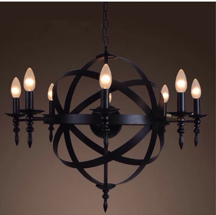 Modern Mediterranean Nordic Black Wrought Iron Candle Chandelier Light